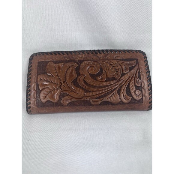 Tooled Brown Leather Unisex Money Wallet Card Checkbook Holder Floral Acorns Vtg - Picture 2 of 7